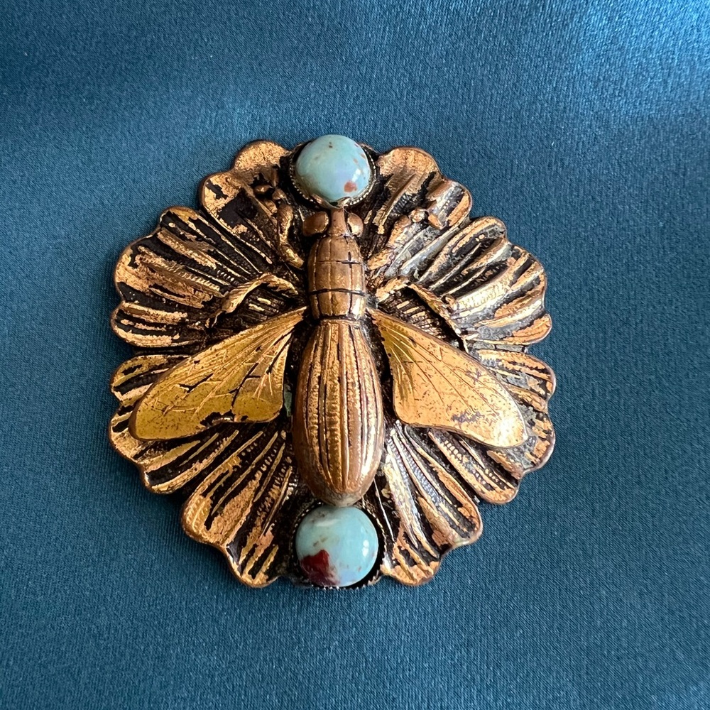 Brass Gold and Turquoise Insect Brooch